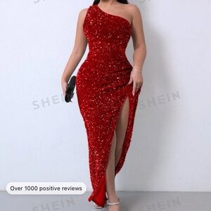 Joyfunear One Shoulder Wrap Split
Thigh Sequin Formal Dress